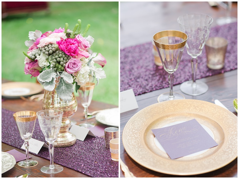 purple and gold wedding decor